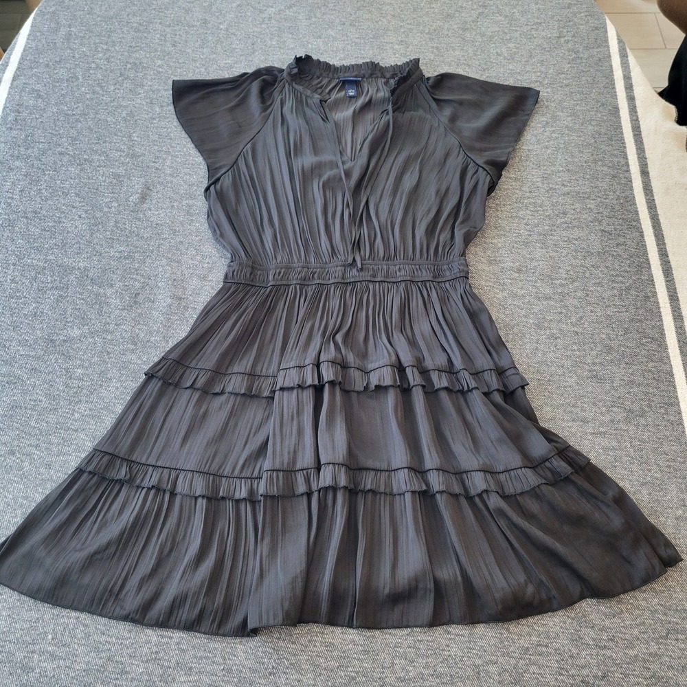 Scoop Black Pleated Tiered Mini Dress Smocked Waist Ruffle Neck SS-2095 Large